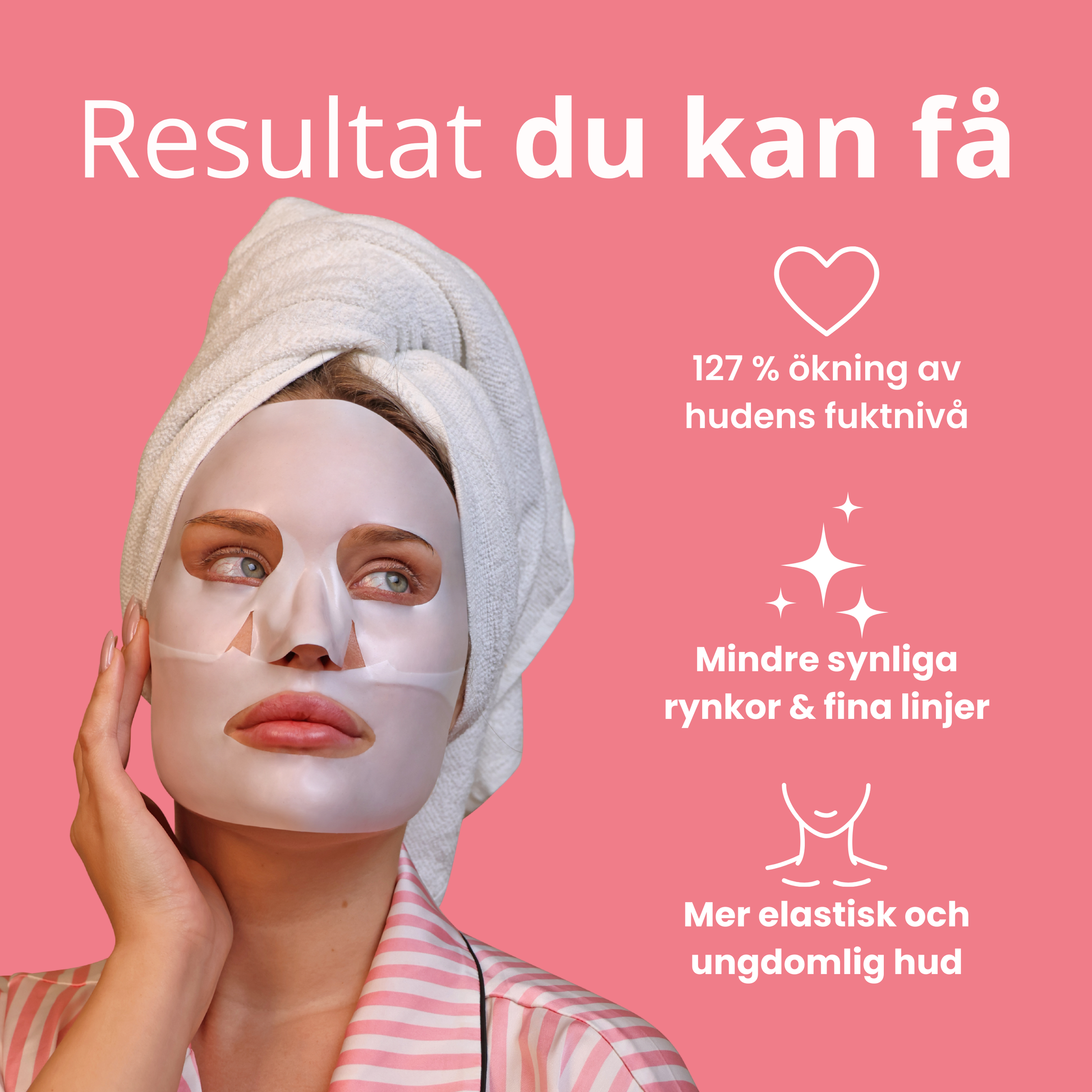 Kvinna med ansiktsmask och handduk runt håret
